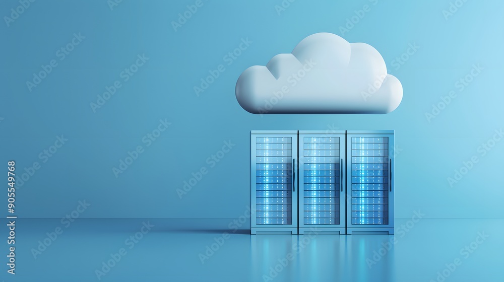 Poster digital cloud storage concept with three servers on a blue background, representing data management 
