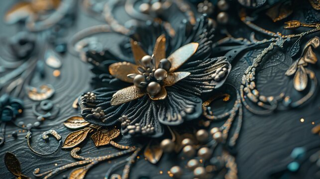 Close-up of intricate gold and blue floral embroidery on a dark fabric background.