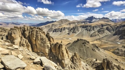 Obraz premium Dramatic mountain landscape with rocky cliffs and a blue sky.
