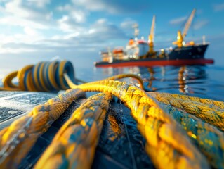 Close-up of thick ropes on a dock with a cargo ship in the background.  The ropes are yellow and blue and the water is calm.  The sky is blue with white clouds.