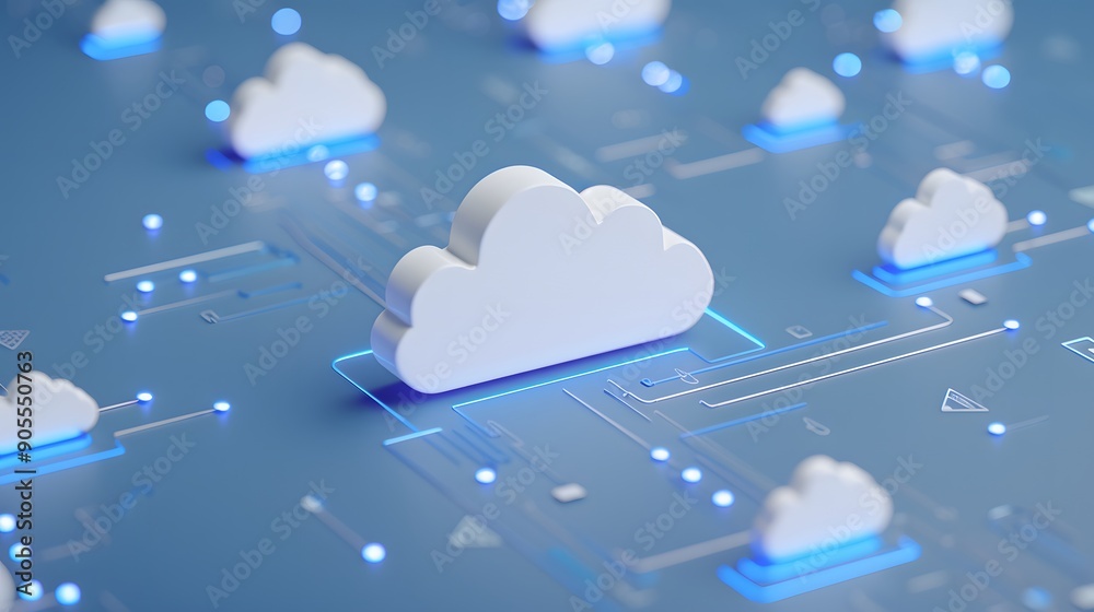 Poster digital concept of cloud computing with blue background illustrating network data storage and virtua