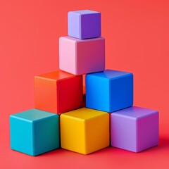 Obraz premium Colorful blocks stacked in a pyramid shape on a red background. A playful and abstract concept of building and growth.