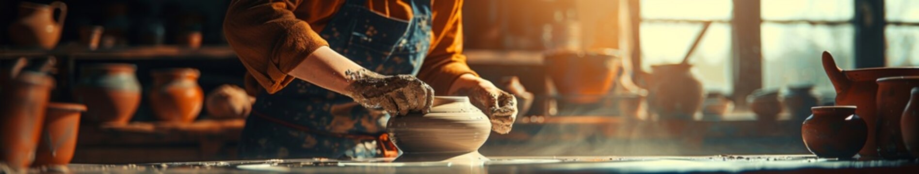 Crafting Serenity: A Potter Smoothing the Surface of a Vase on the Potter's Wheel, Embracing the Art of Ceramic Creation.