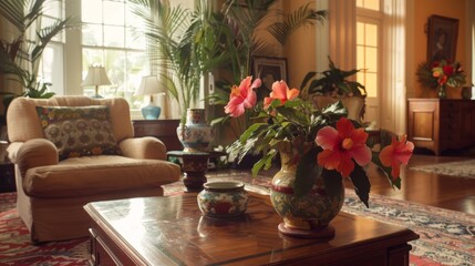 Fototapeta premium A warm living room features a comfortable armchair, vibrant flowers in a decorative vase, and abundant natural light filtering through large windows.