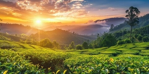 Beautiful organic tea plantation agriculture at sunset. Ai generation