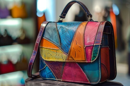 Colorful patchwork leather handbag on display in a retail store.