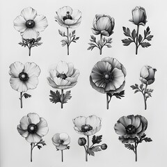 Elegant monochrome floral illustrations featuring various anemones.