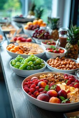 Colorful and Abundant Fruit Buffet with Fresh Grapes, Strawberries, Peaches, and Nuts on a Wooden Table