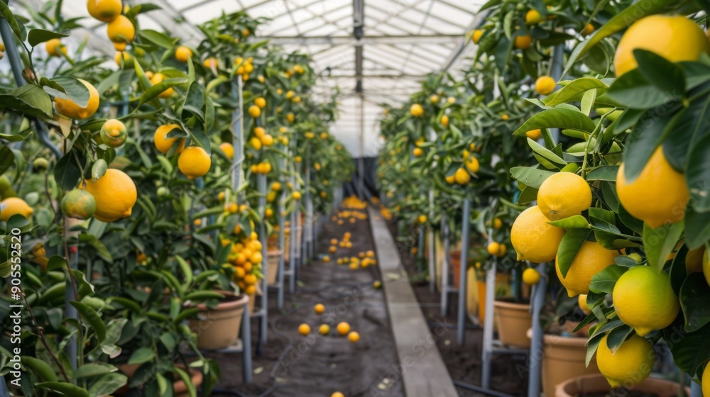 Poster rows of lemon trees in a greenhouse display ripe fruit, with several lemons scattered on the ground.