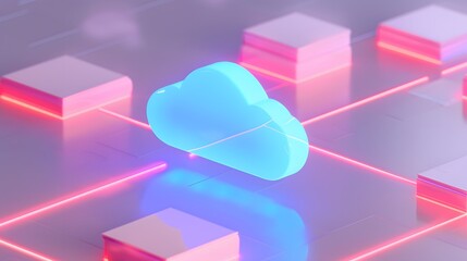 Obraz premium Futuristic 3D rendering of cloud computing technology, illustrating data storage and network connectivity in vibrant neon colors.