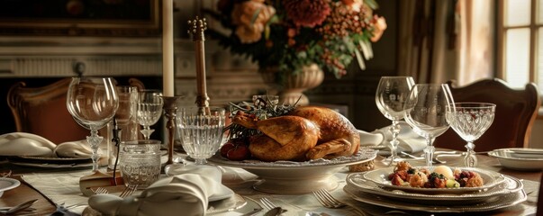 Elegant table setting with roasted chicken, wine glasses, and floral centerpiece.