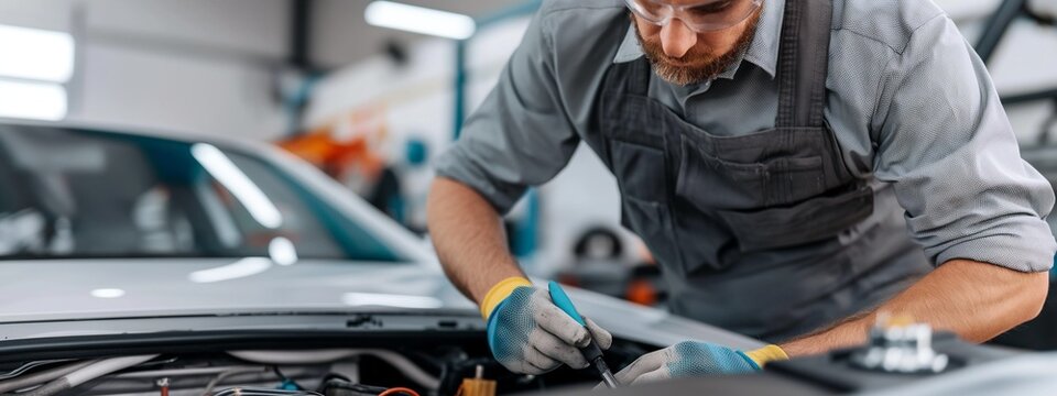 Male auto mechanic at work.  Car repair.  Auto service center.  Vehicle maintenance work