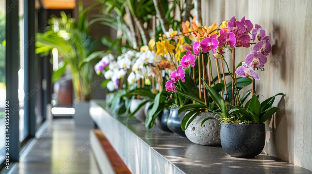 Poster vibrant orchids in various colors are arranged in sleek planters, enhancing the modern atmosphere of