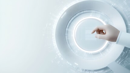 Futuristic tech hub with a circular layout, employees engaging with AI-driven brainstorming apps, and a central smart display for real-time feedback