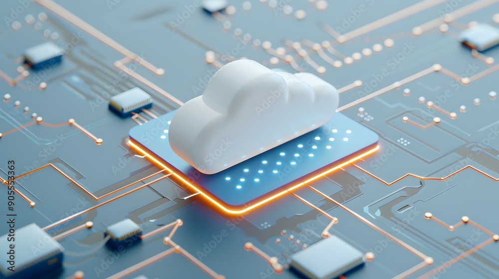Poster futuristic cloud computing concept with a glowing cloud icon on a circuit board symbolizing data sto