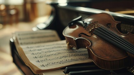 Naklejka premium A close-up of a violin resting on sheet music beside a grand piano, capturing the beauty of classical music and artistry.
