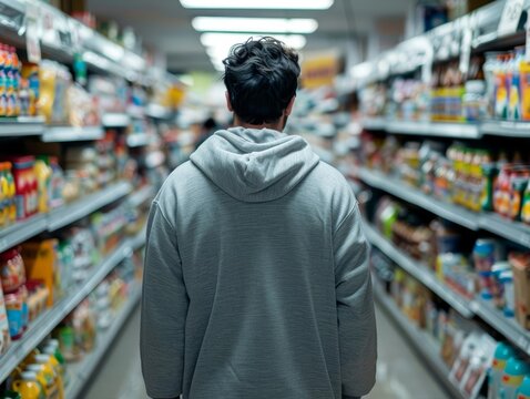 Desperate shopper stealing, financial struggle and inflation backdrop, dimly lit grocery store