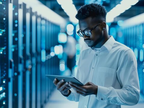 Data center technician analyzing network on tablet, futuristic setting, AI technology, blue-lit