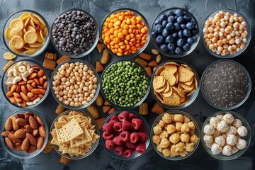 Assorted Healthy Snacks in Glass Bowls on a Dark Background - Nuts, Berries, Crackers, and Seeds