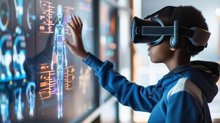 Student exploring AI hologram with VR headset, innovative classroom technology