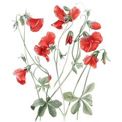 A vibrant display of red sweet pea flowers with lush green leaves.