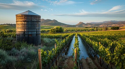 Sustainable Water Management in Viticulture Water Storage Tank Enhancing Grapevine Growth in Scenic Countryside Vineyard
