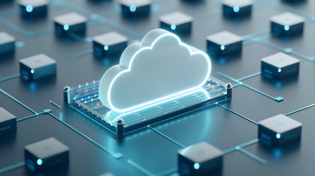 Futuristic cloud computing concept with digital connections, representing advanced technology, data storage, and network infrastructure.