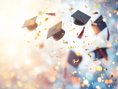 Graduation caps and confetti fly through the air against a bright, celebratory background.