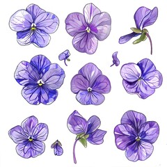 Collection of beautiful purple violets in various stages of bloom.