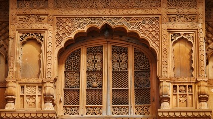 Obraz premium Intricate stone carvings frame a window with ornate latticework on a historic building.
