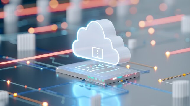 Futuristic cloud computing concept with glowing cloud icon on a circuit board, representing modern data storage technology.