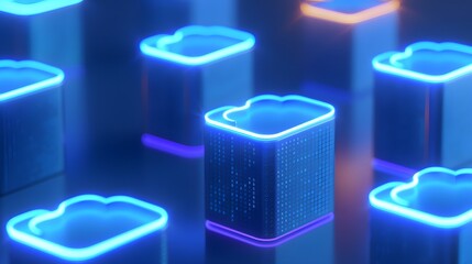Futuristic cloud computing concept with glowing neon lights, data storage visuals, and innovative technology elements for modern digital solutions.