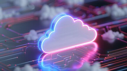 Obraz premium Futuristic cloud computing concept with neon glowing cloud icon and circuit board background, representing digital data storage and technology.