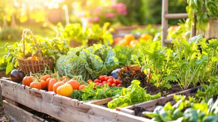 A vibrant family garden overflowing with chemical-free produce, emphasizing sustainable living and natural pest control methods