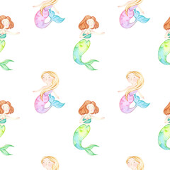 Watercolor seamless pattern with cute mermaids on transparent background. Hand drawn print with two mermaids. Kids girly design.