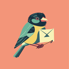 Colorful bird delivering envelope, messenger concept, communication. Illustration depicts stylized bird holding letter, postal service theme. Cartoon bird, message delivery, peach background