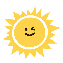 Funny happy smiling sun, flat simple vector illustration. Cute summer sunshine emoji, doodle style icon 