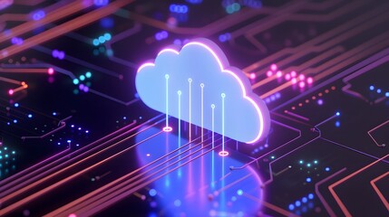 Obraz premium Futuristic cloud computing representation with neon lights and digital circuitry, highlighting data transfer and technology innovation.