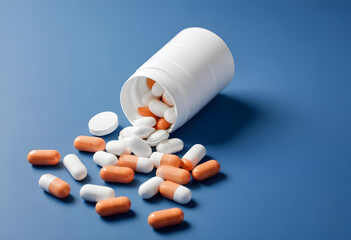 Medication and tablets on bright blue background for pharmaceutical visuals