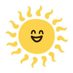 Funny happy smiling sun, flat simple vector illustration. Cute summer sunshine emoji, doodle style icon 