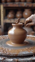 Fototapeta premium Crafting Serenity: A Potter Smoothing the Surface of a Vase on the Potter's Wheel, Embracing the Art of Ceramic Creation.