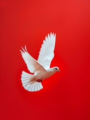 Fototapeta premium Flying dove. Pigeon on a red background.