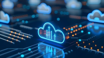 Fototapeta premium Futuristic cloud computing technology concept with digital connections, data processing, and electronic circuitry in a tech background.