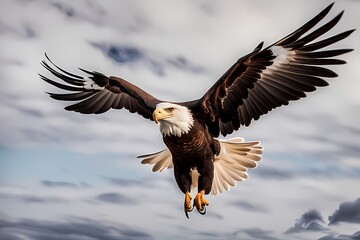Obraz premium A majestic eagle soaring high in the sky, with its wings spread wide against a backdrop of mountains