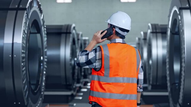 Back View Of Asian Male Engineer With Safety Helmet Talking On Smartphone While Standing In Metal Factory