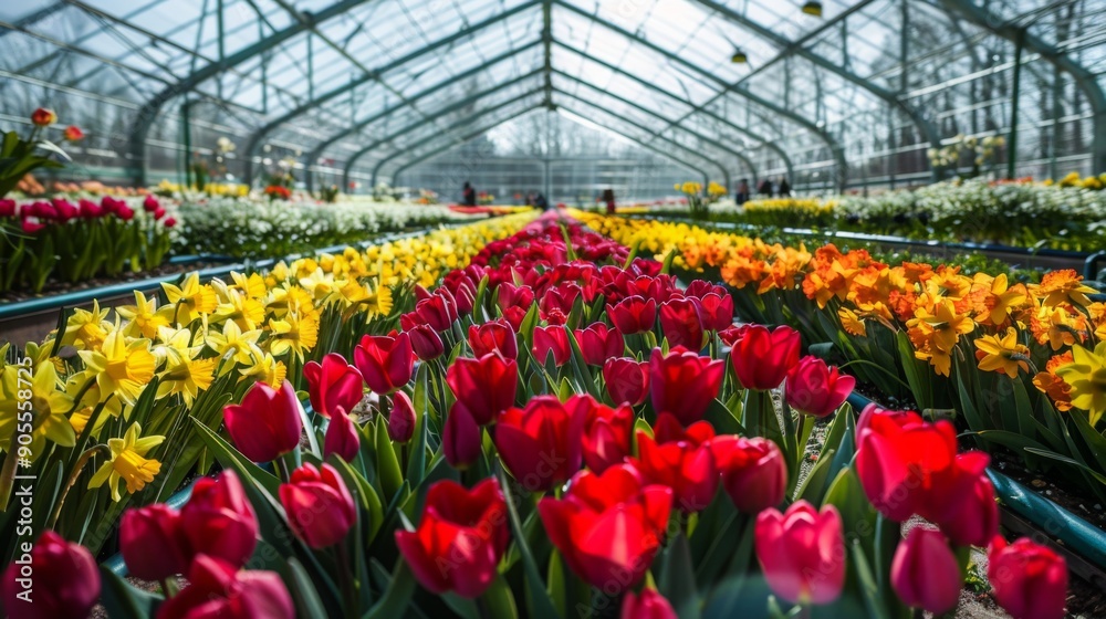 Poster brightly colored tulips and daffodils fill a greenhouse, showcasing an array of blossoms in vibrant 