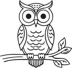 A black and white drawing of an owl on a branch with white background