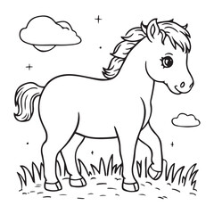 A black and white drawing of a horse with white background
