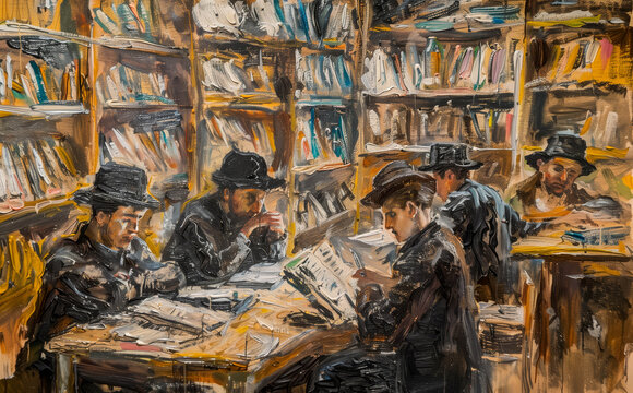 Jewish students studying ancient texts in a yeshiva, with scholars engaged in lively debate and discussion as they delve into the rich traditions and teachings of Judaism