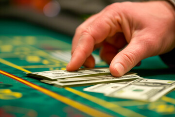 Person counting a large stack of hundred-dollar bills at a lavish casino table, surrounded by the glittering lights and sounds of slot machines, representing the thrill of high-stakes gambling